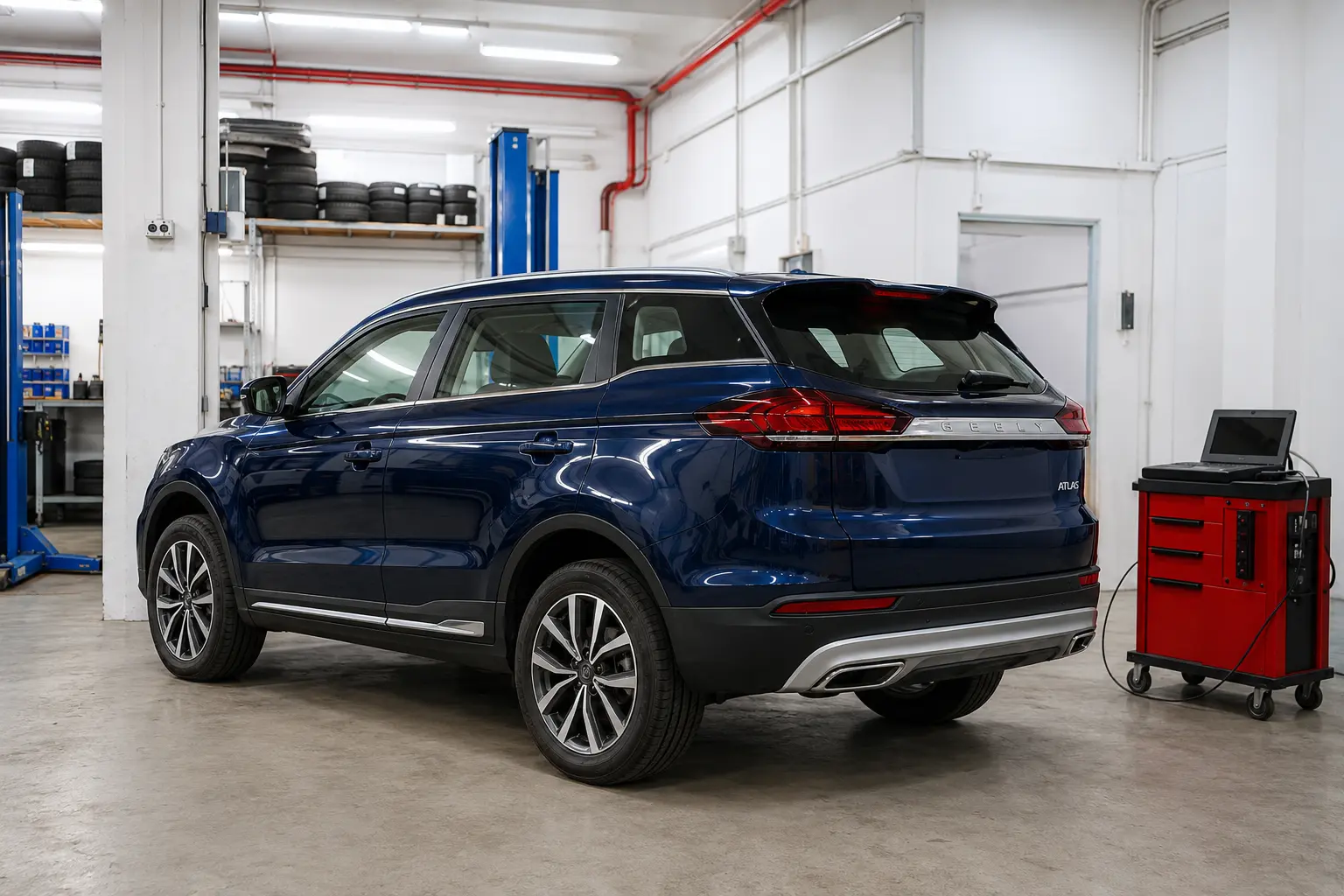 Автомобиль Geely Atlas в зоне обслуживания