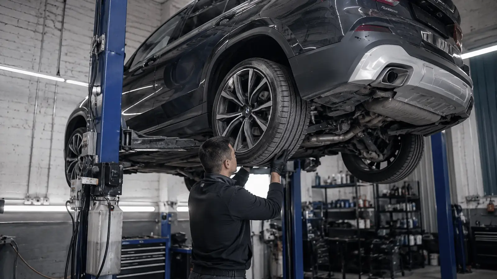 BMW на подъёмнике для проверки привода